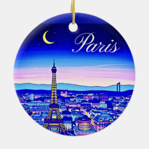 Paris at Twilight Under a Crescent Moon Ceramic Ornament
