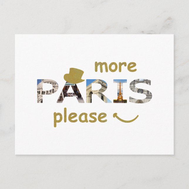 Paris Attractions More Paris Please Golden Glitter Postcard (Front)