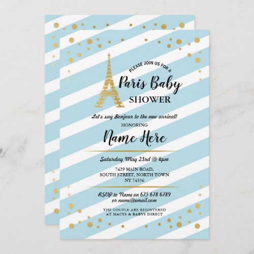 Paris Baby Shower Blue Stripe Gold Eiffel Tower Invitation