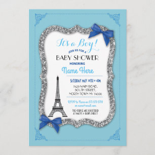 Paris Baby Shower Boy Blue Eiffel Tower Invite