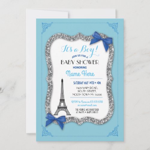 Paris Baby Shower Boy Blue Eiffel Tower Invite