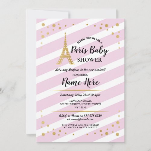 Paris Baby Shower Girl Gold Pink Eiffel Tower Invitation