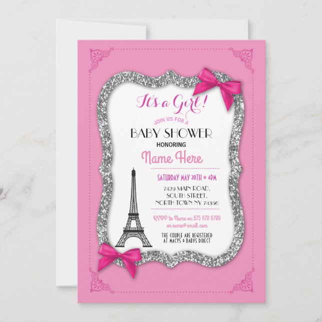 Paris Baby Shower Girl Pink Eiffel Tower Invite (Front)