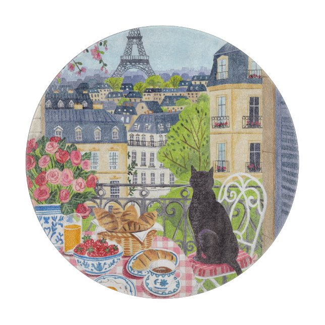 Paris Balcony Breakfast Cat Eiffel Tower  Cutting Board (Front)