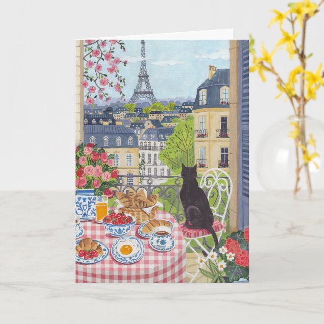Paris Balcony Cat Breakfast Eiffel Tower Greeting Card (Yellow Flower)