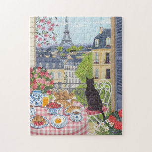 Paris Balcony Cat Breakfast Eiffel Tower Jigsaw Puzzle