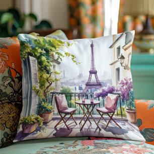 Paris Balcony View Eiffel Tower Watercolor Pillow