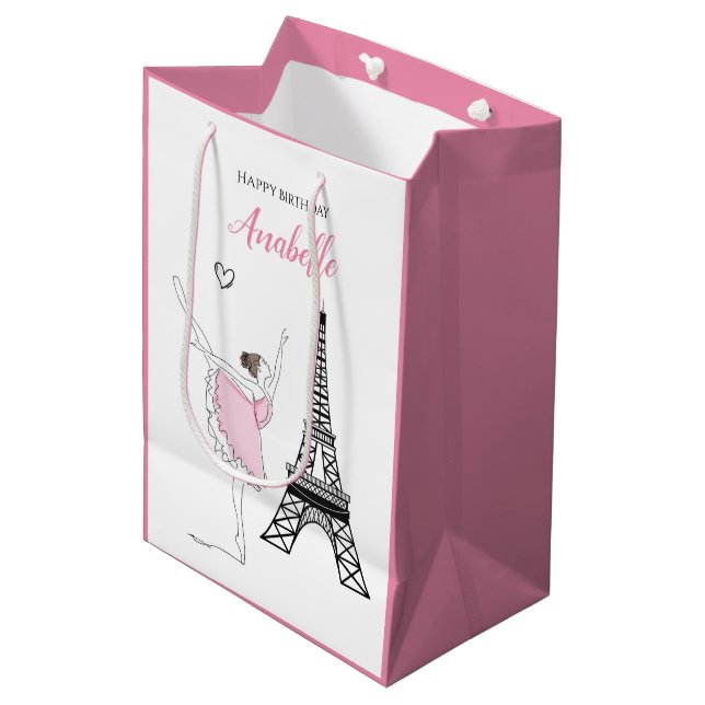 Paris Ballerina, Eiffel Tower Pink Ballet Birthday Medium Gift Bag (Front Angled)