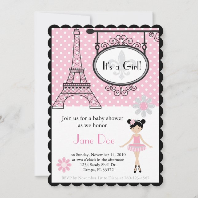 Paris Ballerina Invitation for Shower/Birthday (Front)