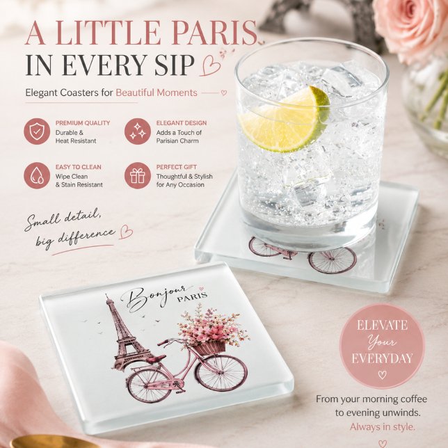 Paris Bicycle & Eiffel Tower Glass Coaster | Elega (Creator Uploaded)