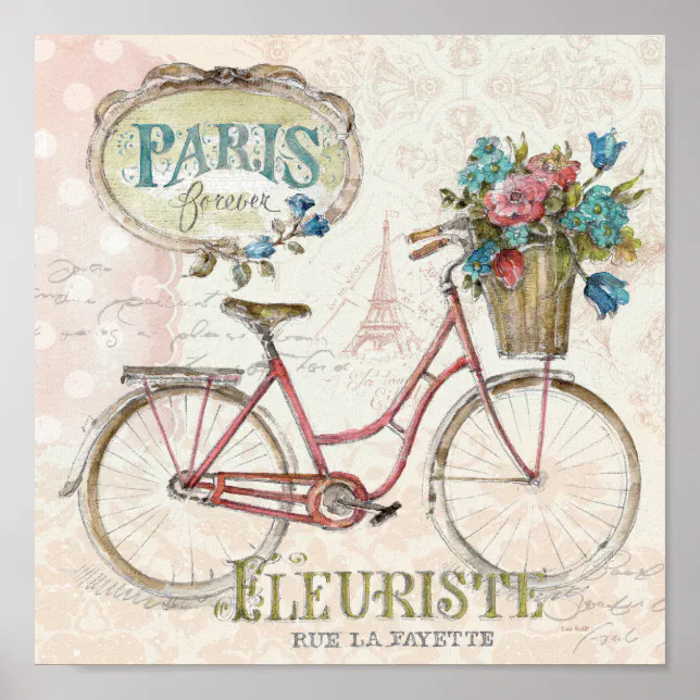 Paris Bike With Flowers In Front Poster | Zazzle