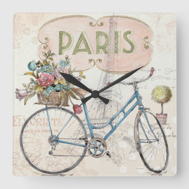 Paris Bike With Flowers Square Wall Clock (Front)