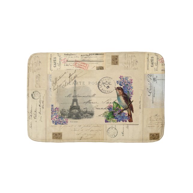 Paris Bird Lilac French Postcard Bathmat (Front)