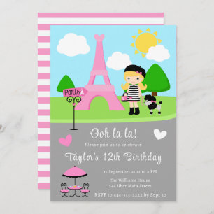 Paris Birthday Blonde Hair Girl and Poodle Invitation