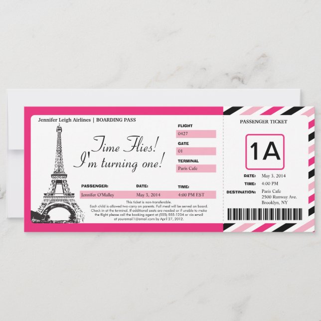 Paris Birthday Boarding Pass Ticket Invitation (Front)