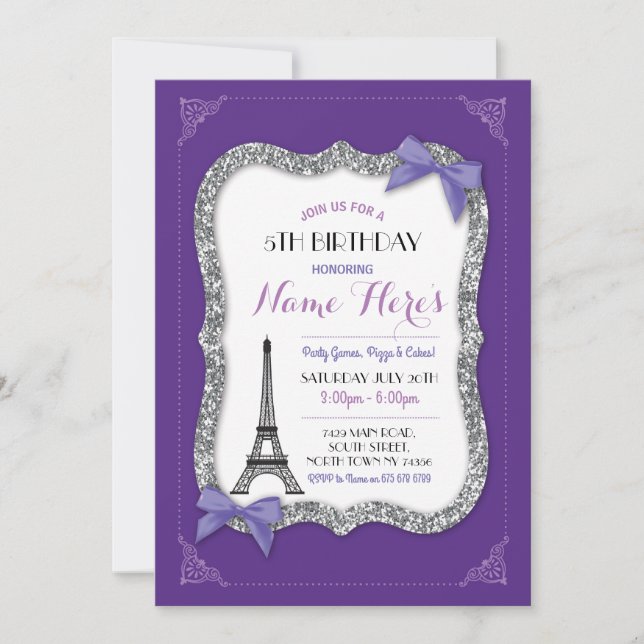 Paris Birthday Girl's Purple Eiffel Tower Invite (Front)