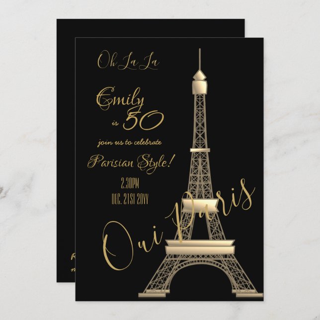 Paris Birthday Invitation Black GOLD Chic (Front/Back)