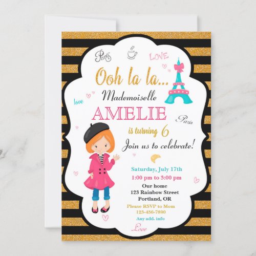 Paris birthday invitation Girl Eiffel tower invite