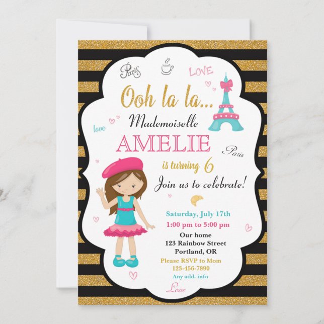 Paris birthday invitation Girl Eiffel tower invite (Front)