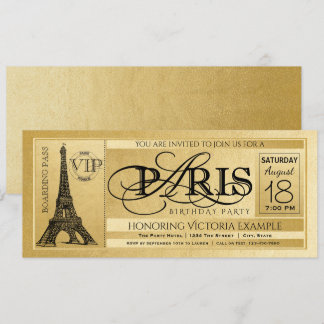 Paris Birthday Party Invitation Gold Paris Ticket