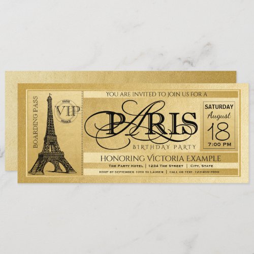 Paris Birthday Party Invitation Gold Paris Ticket