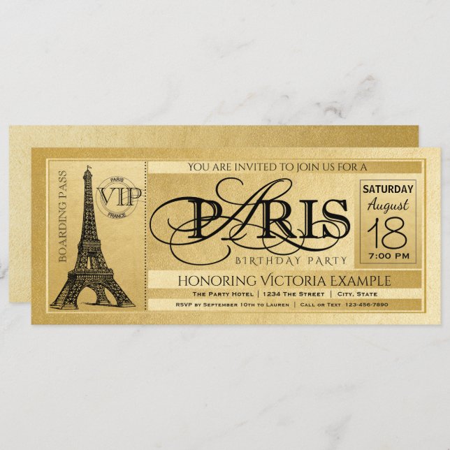 Paris Birthday Party Invitation Gold Paris Ticket (Front/Back)