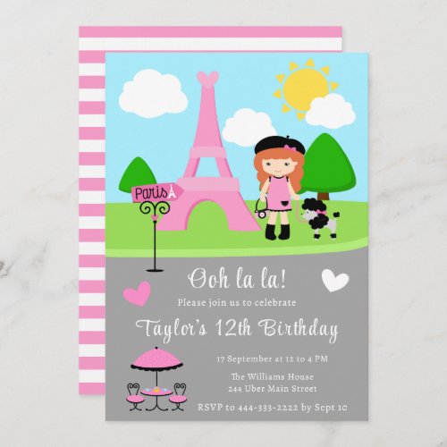 Paris Birthday Red Hair Girl and Poodle Invitation