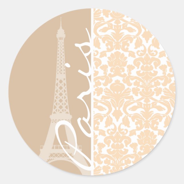 Paris; Bisque Color Damask Pattern Classic Round Sticker (Front)