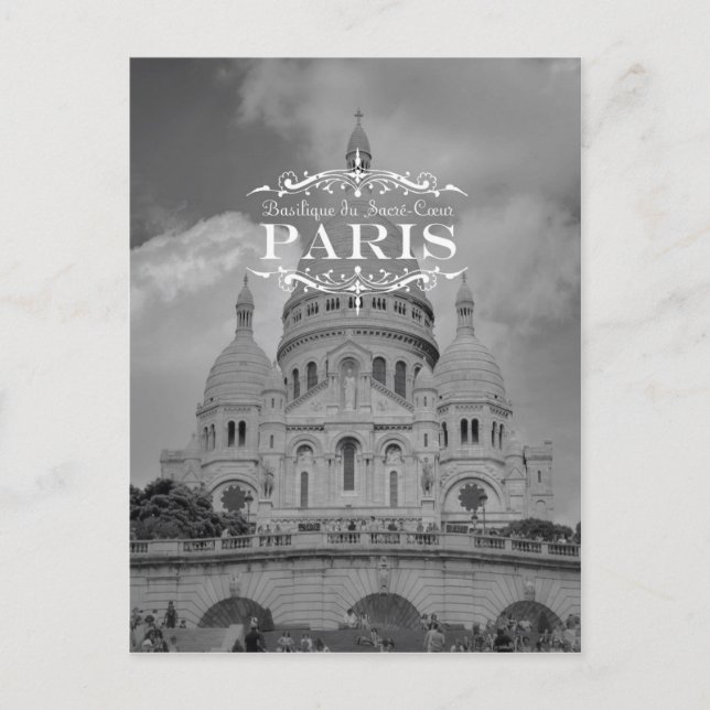 Paris Black and White Travel Postcard Sacre Coeur (Front)