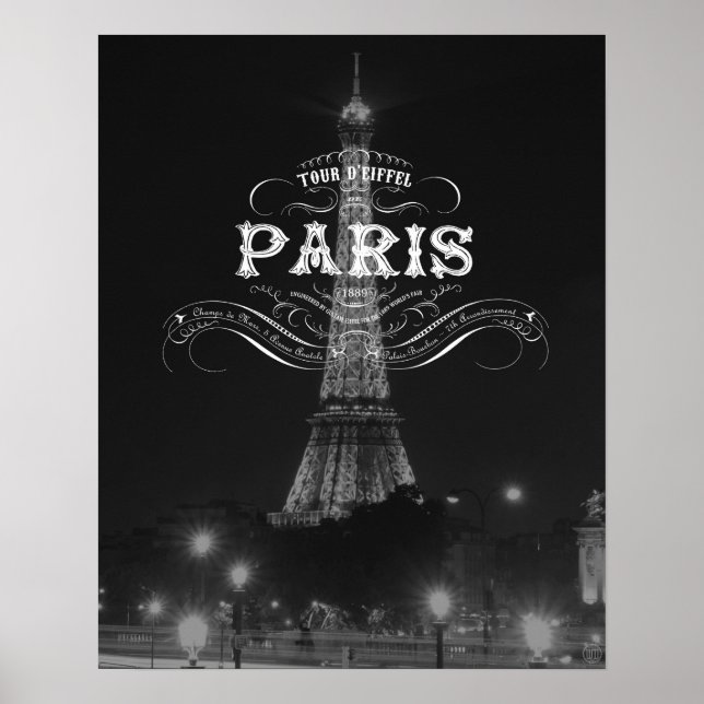 Paris Black and White Travel Poster Eiffel Tower (Front)