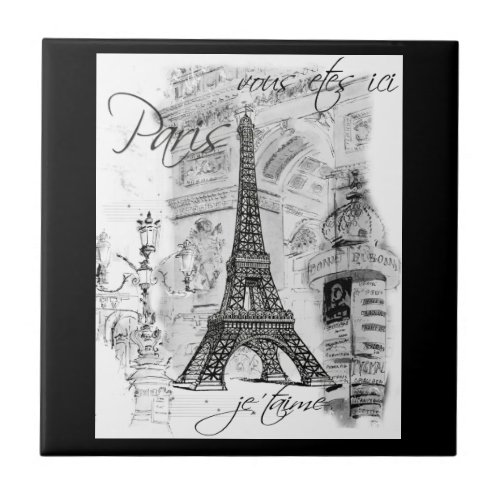 Paris Black  White Eiffel Tower Street Scene Ceramic Tile
