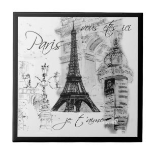 Paris Black & White Eiffel Tower Street Scene Tile