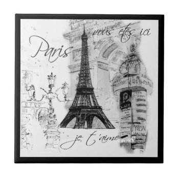Paris Black & White Eiffel Tower Street Scene Tile by lapapeteriedeParis at Zazzle