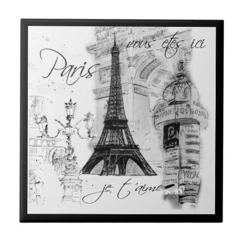Paris Black  White Eiffel Tower Street Scene Tile