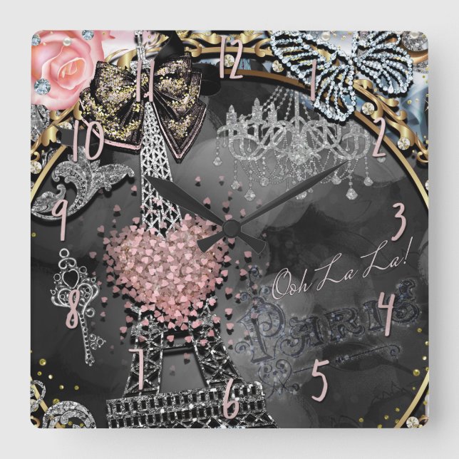 Paris Bling Glamour Sparkle France Girly Trendy Square Wall Clock (Front)