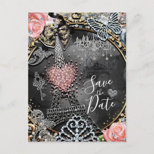 Paris Bling Glamour Sparkle France Save the Date Announcement Postcard