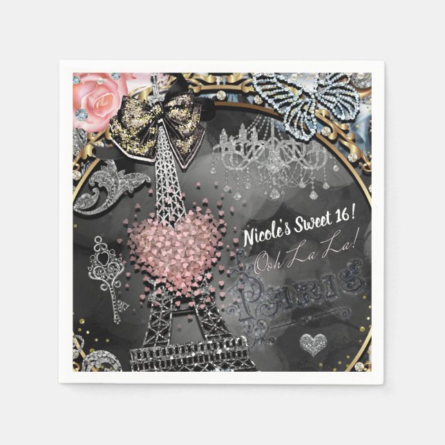 Paris Bling Glamour Sparkle France Sweet 16 Party Paper Napkins (Front)