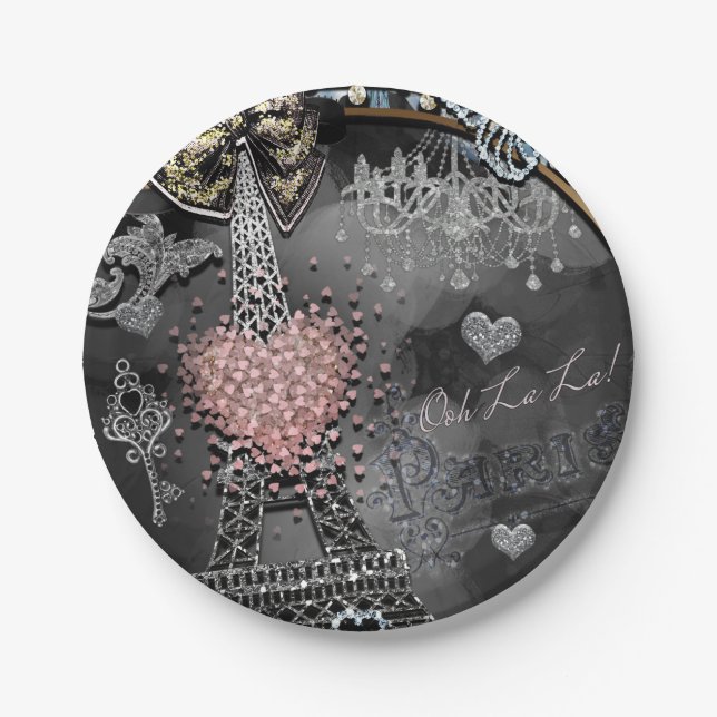 Paris Bling Glamour Sparkle France Sweet 16 Party Paper Plates (Front)
