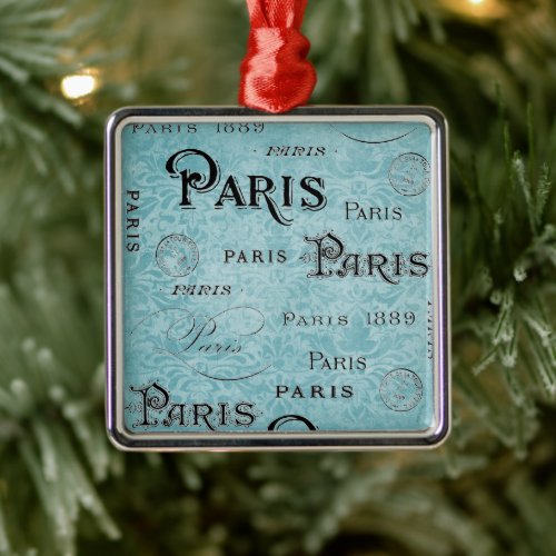 Paris  Blue Damask Metal Ornament