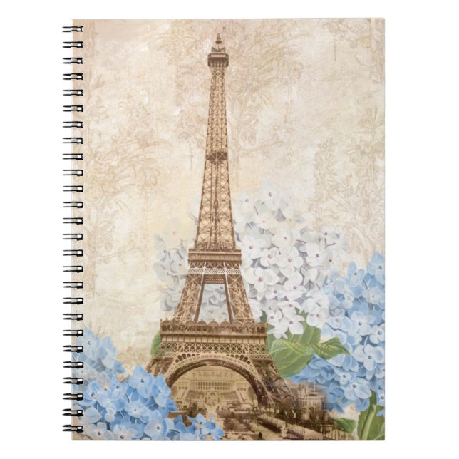 Paris Blue Hydrangea Vintage Spiral Notebook (Front)
