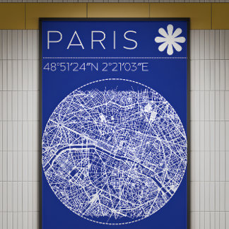 Paris Blueprint Map Poster Circular City Wall Art