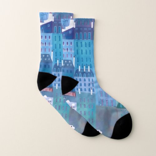 Paris Blues Cityscape Painting France Socks