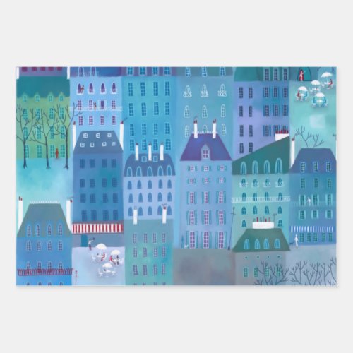 Paris Blues Cityscape Painting France Wrapping Paper Sheets