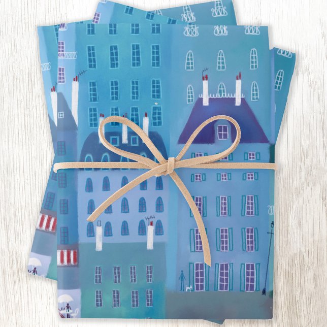 Paris Blues Cityscape Painting France Wrapping Paper Sheets (Paris France pattern gift wrapping paper )