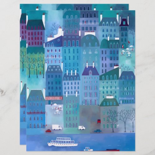 Paris Blues Cityscape Painting Scrapbook Paper