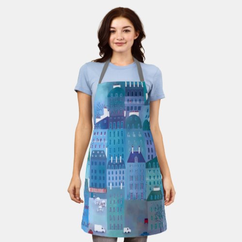 Paris Blues Modern Cityscape Painting Apron