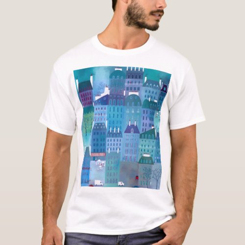 Paris Blues Modern Cityscape Painting T_Shirt