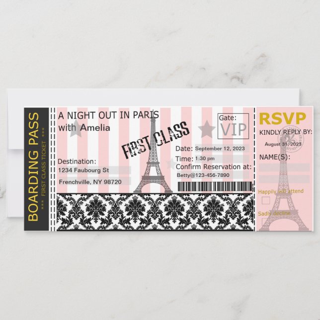 Paris Boarding Pass Invitation, Bridal, Birthday Invitation (Front)