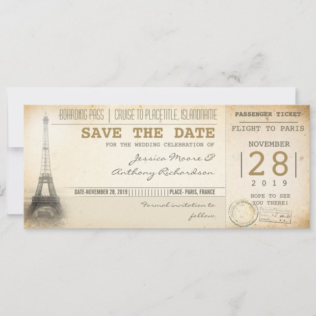 Paris boarding pass tickets for save the date (Front)