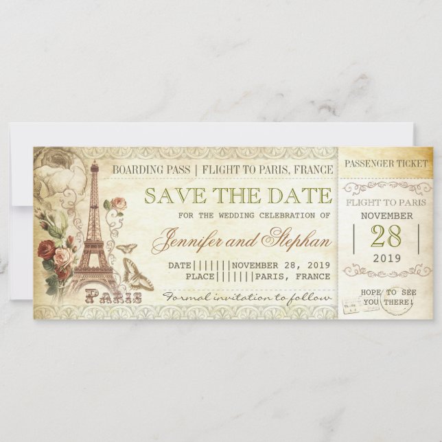 Paris boarding pass tickets for save the date (Front)